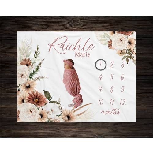 Boho Milestone Blanket For Baby Girl, Floral Growth Track Blanket, Monthly Baby Photo Prop, Rose Theme Baby Shower Gift, Newborn Photography