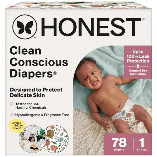 The Honest Company Clean Conscious Diapers for Delicate Skin | Up to 100% Leakproof | Hypoallergenic, Fragrance Free | Fall '25 Limited Edition Prints | Club Box, Size 1 (8-14 lbs), 78 Count