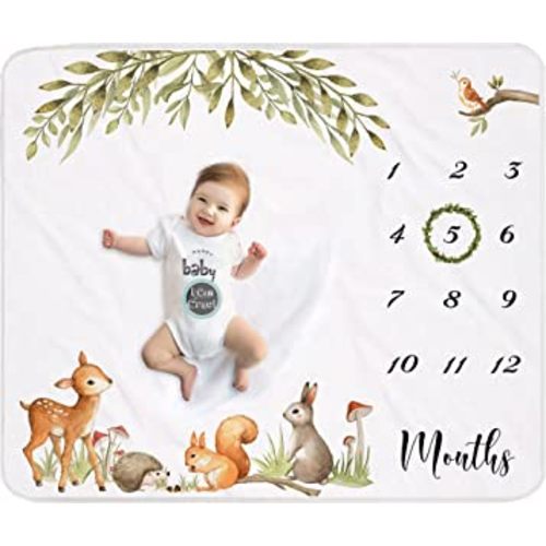 Woodland Baby Monthly Milestone Blanket, Unisex, Gift for Baby Shower, Photo Blanket for Newborn, Wreath & 12 Stickers Included, Soft Flannel Blanket 45''x40''