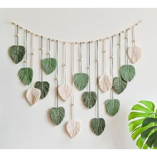 Avoik Macrame Woven Wall Hanging Boho Woven Leaf Tapestry Large Green Leaves Wall Decor Chic Home Decor Handmade Feather Wall Art for Bedroom Living Room Apartment Wall Decorations, 47x29 inch