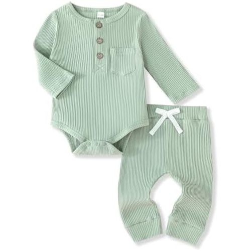 Newborn Baby Boy Girl Clothes Ribbed Knit Cotton Long Sleeve Romper Long Pant Preemie Solid Color Unisex Outfits