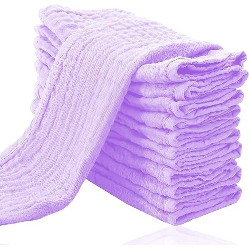 Cute Castle 12 Pack Muslin Burp Cloths for Baby - Ultra-Soft 100% Cotton Baby Washcloths - Large 20'' by 10'' Super Absorbent Milk Spit Up Rags - Burpy Cloths for Unisex, Boy, Girl - Purple