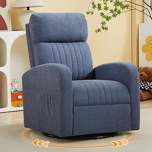 AEMIOS Swivel Glider Chair, Swivel Rocker Chair for Mom Nursery with High Back, Upholstered Glider Rocking Nursing Armchair for Nursery Living Room,Bedroom, Teddy Blue Grey