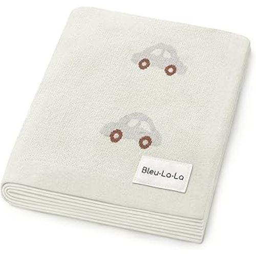 Knit Baby Blanket for Girls and Boys 100% Cotton Buttery Soft Cozy Receiving Swaddle Stroller Blanket for Shower Gift Registry for Newborns, Infants, Toddlers (Cars - Cream)