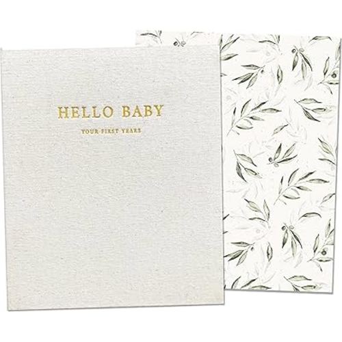 Peachly Baby Memory Book | Baby Book Keepsake for Baby Boy or Girl | Unisex Baby Scrapbook | Linen Baby Keepsake Book | Aesthetic Botanical Baby First Year Book | Baby Milestone Book - Olive