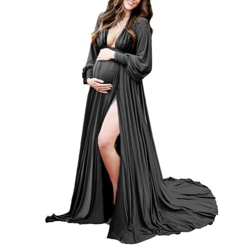Dedysler Maternity Photo Shoot Dress Long Sleeve Maxi Maternity Gown Side Splits Baby Shower Photoshoot for Photography