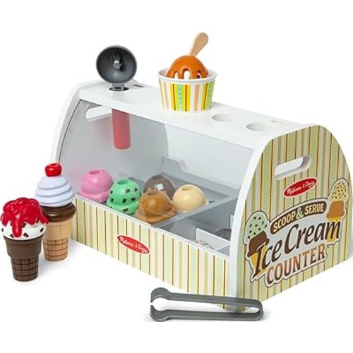 Melissa & Doug Wooden Scoop & Serve Ice Cream Counter, Pretend Play Store, 28 Toy Food & Play Kitchen Accessories, Preschool Toys for Girls & Boys 3+