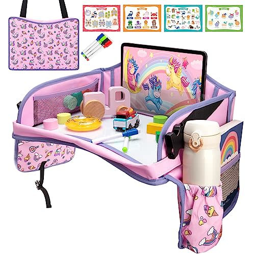 Blissful Diary Travel Tray for Kids Car Seat, Toddler Road Trip Essentials with Drawing Kit, Carseat Tray for Children Travel, Road Trip Must Haves for Kids, Pink