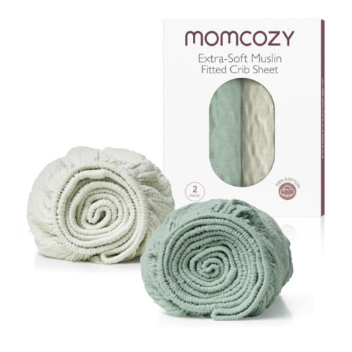 Momcozy Muslin Standard Fitted Crib Sheets, 52"x28", 2 Pack Soft Breathable Natural Cotton Baby Mattress Sheet, 360° Mattress Wrapping No Slip Boys Girls Neutral Toddler Bed Sheet, Crisp Green Grey