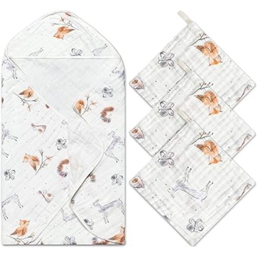 Zainpe 4Pcs Muslin Baby Hooded Towel & Washcloth Set Owl Pattern Soft Absorbent Cotton Bath Hood Towels for Newborn Toddlers Essentials Boys Girls Infant Shower Gift 31.5 x 31.5 in