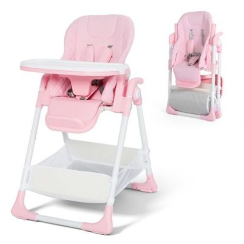 TODECARE Foldable Baby High Chair for Toddlers, Adjustable Height, Recline, Storage Basket, Double Trays, Pink