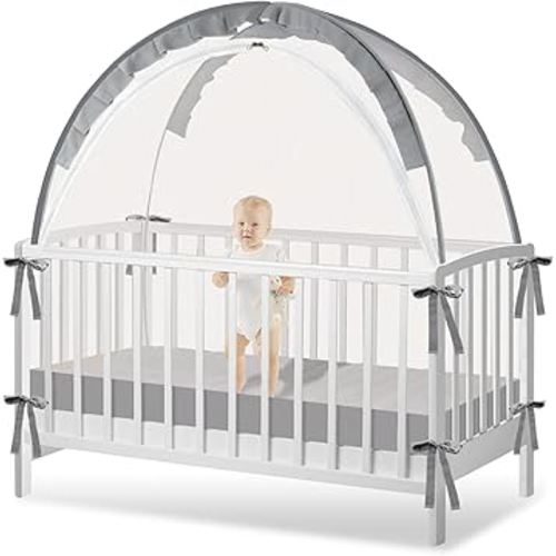 Crib Tent to Keep Baby from Climbing Out - Crib Net to Keep Baby in - Pop Up Breathable Cribs Cover - Canopy with Upgrade Strong Mesh and Durable Zipper (Grey, Lager)