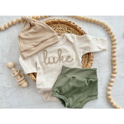 Personalized green, and beige newborn outfit, custom name boy, coming home outfit for baby boy, baby boy outfit, hospital outfit for boy