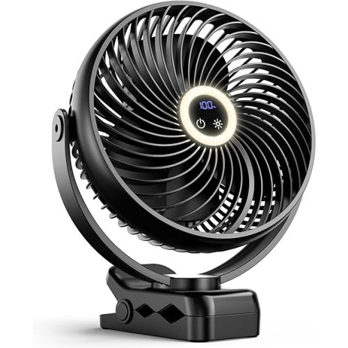 xasla 10000mAh Portable Clip On Fan With Light, 8 Inch Rechargeable Battery Operated Fan, 24H Long-last, Quiet Personal Camping Fan Digital Display, 3 Speed, 360° Rotate, for Gym Outdoor Travel
