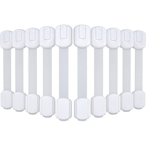 4our Kiddies 10 Pack Baby Proof Cabinet Locks, Child Safety Drawer Locks with 6 Extra 3M Adhesives, Childproof Cabinet Strap Locks for Drawers, Cupboards, Refrigerators, Adjustable No Drilling