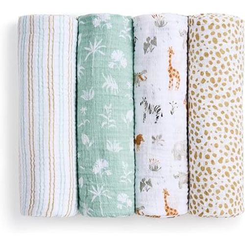 aden + anais Essentials Cotton Muslin Swaddle, Breathable Baby Blanket, Ideal for Boys, Girls, Newborns, Babies & Infants, Receiving Blanket, Soft and Lightweight Wrap, 4 Pack, Giraffe Safari
