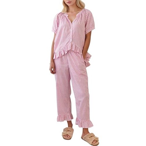 COZYPOIN Womens Gingham Pajama Set 2 Piece Plaid Cotton Pjs Cute Ruffle Sleepwear Maternity Bridesmaid Pajamas Loungewear