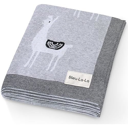 Knit Baby Swaddle Blanket - 100% Luxury Cotton Soft Cozy Receiving Swaddle Crib Stroller Blanket for Shower Gift Registry for Newborns, Infants, Toddlers (Llama - Grey)
