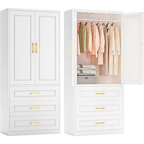 Metal Armoire Wardrobe Closet with Three Drawers, 71“ Tall Large Wardrobe Cabinet with Hanging Rod, Freestanding Wardrobe Cabinet with Doors and Shelves for Bedroom, White, Assemble Required