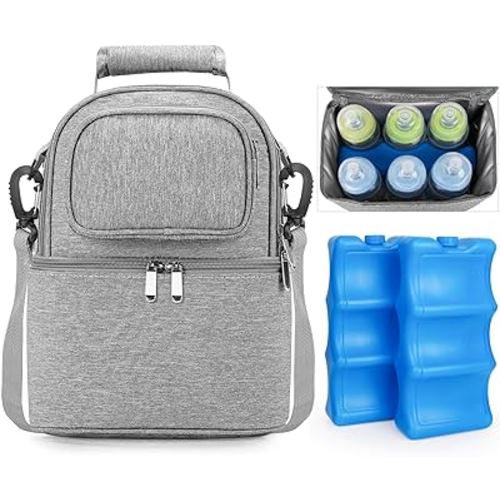 Breastmilk Cooler Bag with Ice Pack Bottle Cooler Bag for Baby Milk Breast Pump Bag with Cooler Double Deck Breast Milk Storage Bag for Breastfeeding Nursing Daycare Insulated Lunch Bag with Strap
