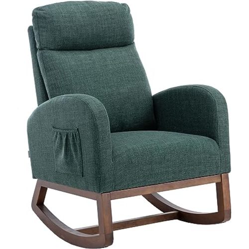 Dolonm Nursery Rocking Chair for Living Room, Upholstered Mid-Century Modern Nursery Rocking Armchair Tall Back Accent Glider Rocker, Emerald