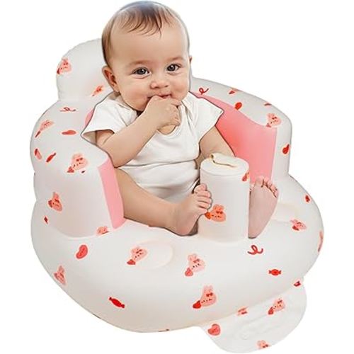 Inflatable Baby Seat for Babies 3 Months & Up, Baby Floor Seats for Sitting Up, Baby Seats for Infants, Blow Up Baby Chair with Built in Air Pump - Pink Bunny