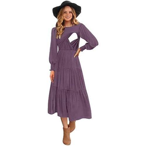 Womens Flutter Long Sleeve Smocked Tiered Nursing Dress for Breastfeeding