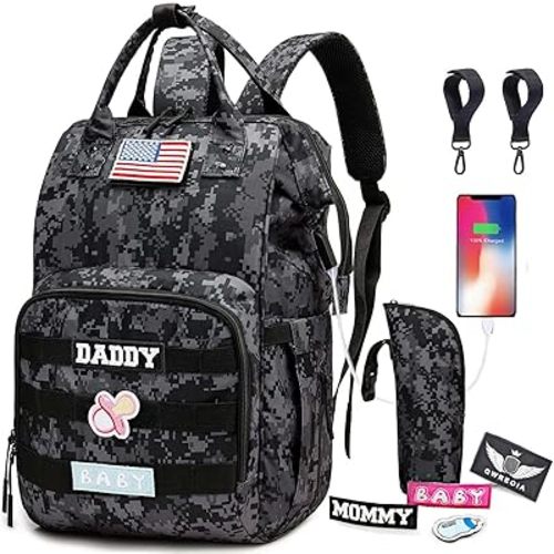 Camo Diaper Bag Backpack for Dad and Mom with USB Charging Port Stroller Straps and Insulated Pocket,army military Travel Nappy Backpack (DADDY and MOMMY patches)