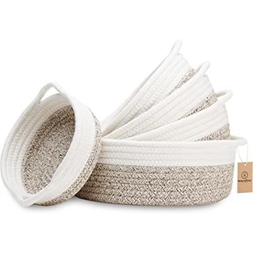 NaturalCozy 5-Piece Round Small Basket Set- Cotton Rope Woven Baskets for Organizing! Storage Basket for Montessori Toys, Fruits, Remotes, Bathroom, Desk, Key Tray Bowl for Entryway, Shallow Catchall