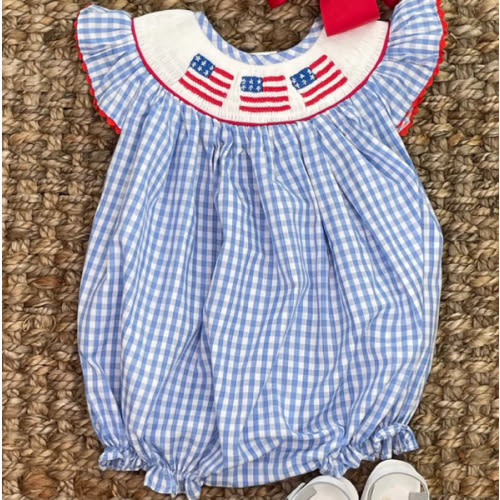 Flag Smocked Romper in light blue gingham – Pleats and Stitches