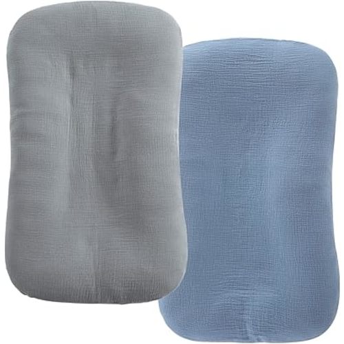 HOMBYS Muslin Baby Lounger Cover 2 Pack for Newborn, 100% Cotton Lounger Slipcover, Ultra Soft Removable Cover for Infant Lounger Pillow (Blue & Grey)