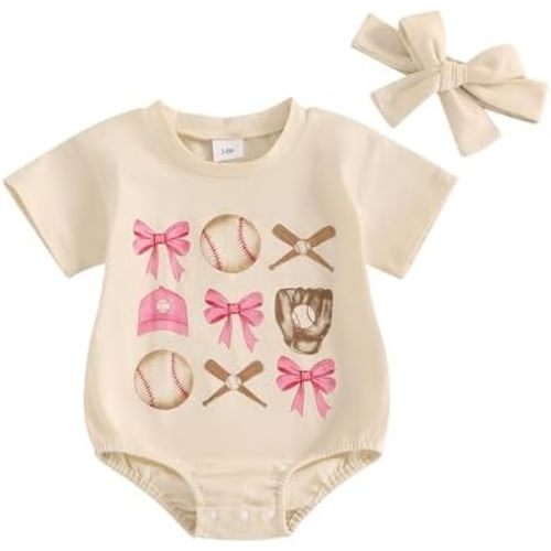 Baseball Baby Girl Outfit Baseball Bowknot Bubble Romper Short Sleeve T-Shirt Bodysuit with Headband Summer Clothes