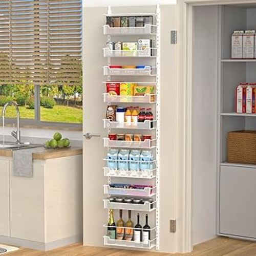 Over the Door Pantry Organizer, 10-Tier Over the Door Organizer with Adjustable Basket, Pantry Door Organization for Pantry Kitchen Storage Room Spice Rack, White