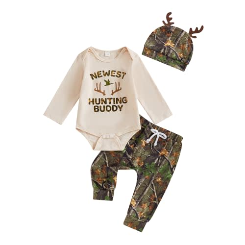 GOOCHEER Newborn Baby Boy Fall Outfit Hunting Deer Letter Long Sleeve Bubble Romper Shirt Pants Hat 3Pcs Infant Clothes Set