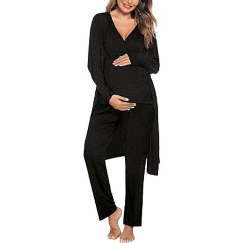 SWOMOG Maternity Nursing Robe Set 3 Piece Postpartum Breastfeeding Pajamas 3 in 1 Hospital Labor Delivery Pregnancy Pjs