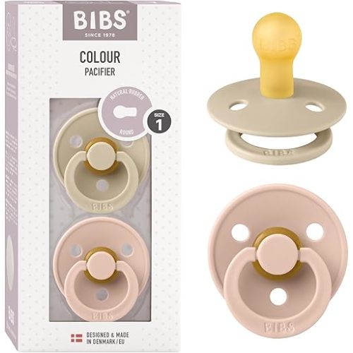 BIBS Pacifiers Colour Collection | Natural Rubber Baby Pacifier | Set of 2 BPA-Free Soothers | Made in Denmark | 0+ Months (Pack of 2) | Vanilla/Blush