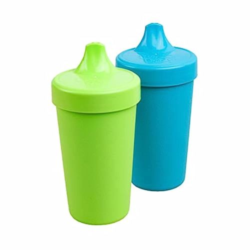 Re Play Made in USA 2pk Toddler Feeding No Spill Sippy Cups with 1 Piece Silicone Easy Clean Valve, BPA Free Eco Friendly Heavyweight Recycled Milk Jugs, Virtually Indestructible, Lime & Sky Blue - Lime Green/Sky Blue