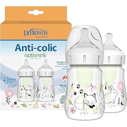 Dr. Brown’s Natural Flow® Anti-Colic Options+™ Wide-Neck Baby Bottle Designer Edition Bottles, Woodland Decos, 5 oz/150 mL, Level 1 Nipple, 2-Pack, 0m+