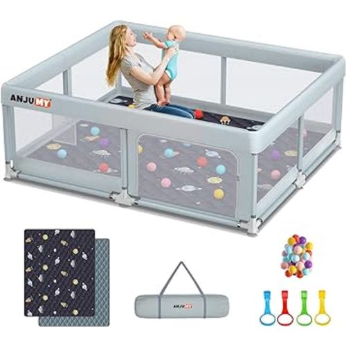 ANJUMY Baby Playpen with Mat Included 71x59 playpen for Babies and Toddlers,Indoor & Outdoor Activity Center,Kids Playpen with Gate,Safety Baby Fence Play Area with 50pcs Ocean Balls,Breathable Mesh