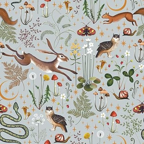 VEELIKE Grey Fairy Forest Wallpaper Peel and Stick Moon Stars Mushroom Wallpaper for Bedroom Nursery 17.7''x118'' Removable Woodland Wallpaper Adhesive Botanical Mural Contact Paper for Walls Cabinets