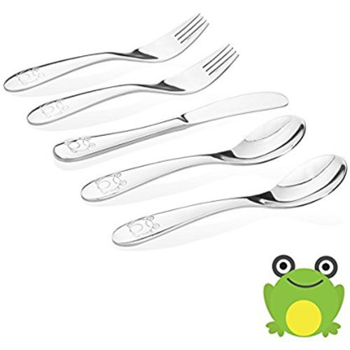 Kiddobloom Kids Stainless Steel Utensil Set, Frog Model, Set of 5 (2 Kids Spoons, 2 Kids Forks, and 1 Kids Butter Knife) Safe Flatware for Toddler and Kids. Beautiful Keepsake.