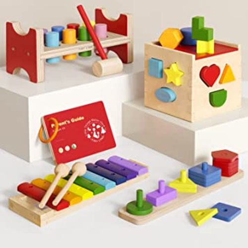 Tiny Land Montessori Toys for 1 Year Old - 4 in 1 Wooden Fine Motor Skills Toy Set Include Stacking & Sorting, Xylophone and Hammer Toy, Gift for Boys and Girls Aged 12+ Months