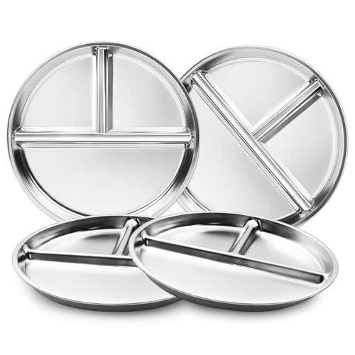 Bakpoco Stainless Steel Kids Plates Set of 4, 9" Portion Control Plates Divided Plate for Adults Toddlers Balance Lunch, Bariatric & Diabetic Diet, Non Toxic Camping Metal Snack Plate for Eating