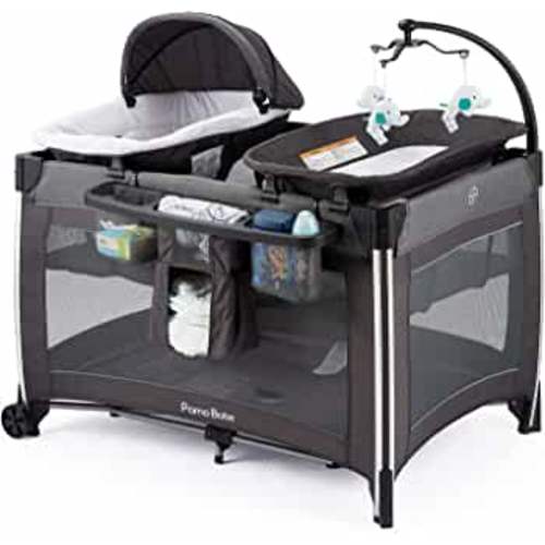 Pamo Babe 4 in 1 Portable Baby Crib Deluxe Nursery Center, Foldable Travel Playard with Bassinet, Mattress, Changing Table for Newborn, Infant, Toddler(Grey)