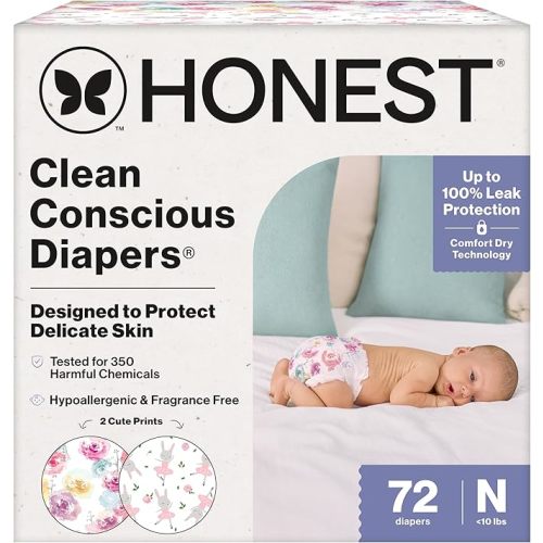 The Honest Company Clean Conscious Diapers for Delicate Skin | Up to 100% Leakproof | Hypoallergenic, Fragrance Free | Girl Prints | Club Box, Size Newborn, 72 Count (Prints May Vary)