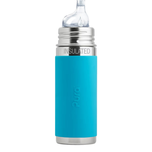 Pura Kiki 9oz/260ml Stainless Steel Insulated Sippy Bottle w/Sleeve, Plastic-Free, MadeSafe Certified, Medical-Grade Silicone Sipper Spout Fast Flow Rate for Kids, Toddlers, Babies & Infant – Aqua