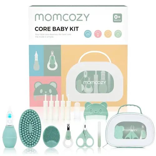 Momcozy Core Baby Kit, Baby Shower & Registry Essential Kit for Grooming&Health&Cleansing Care, Includes Nail File Kits, Nasal Aspirator, Gas Relief Tubes, Bath Brushes, Toothbrush, Comb, Storage Case
