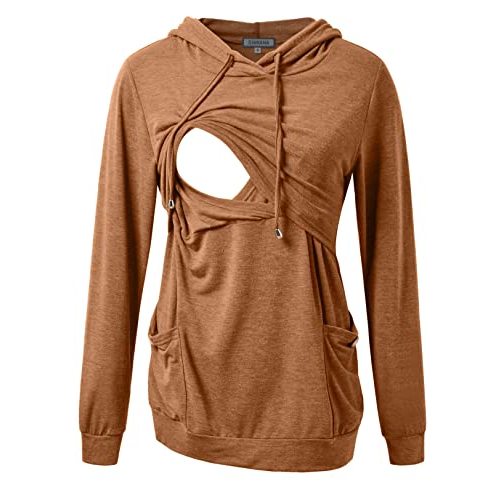GINKANA Womens Nursing Hoodie Top Sweatshirt Long Sleeve Button Decoration Pockets Shirts Tunic Top