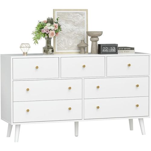 55” White Dresser, 7 Drawer Dresser for Bedroom with Wide Drawers and Gold Knobs, Wood Dressers & Chests of Drawers