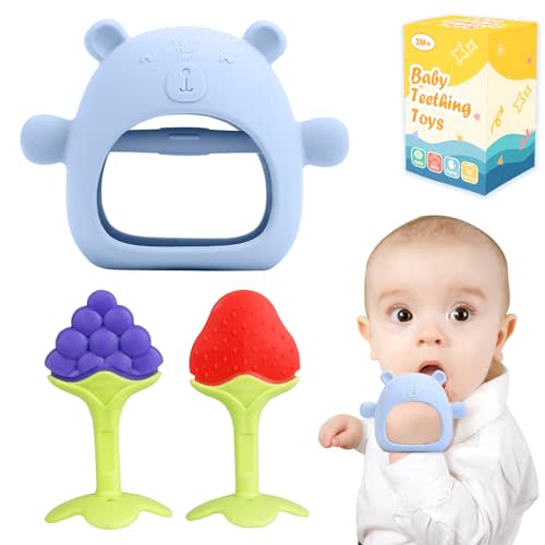 Baby Teething Toys, 3 PCS Teethers Set for 0-6, 3-6 Months & 6-12 Months, Baby Essentials, Infant Toys, Baby Chew Toys Set Food Grade Silicone, Bear Shape Teething Toy Fruit Shape Teether Set